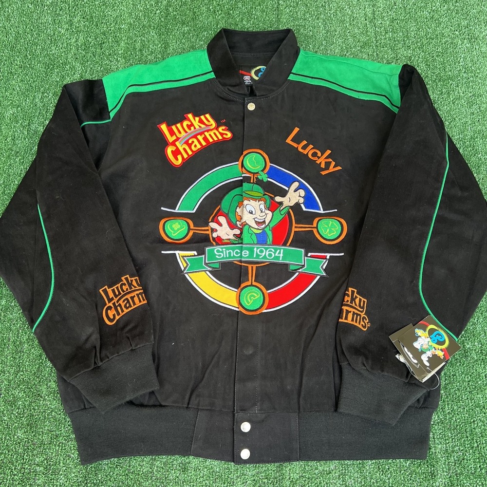 NWT VTG Lucky Charms Jacket Men's XL Black Nascar Racing Embroidered‎ Leprechaun